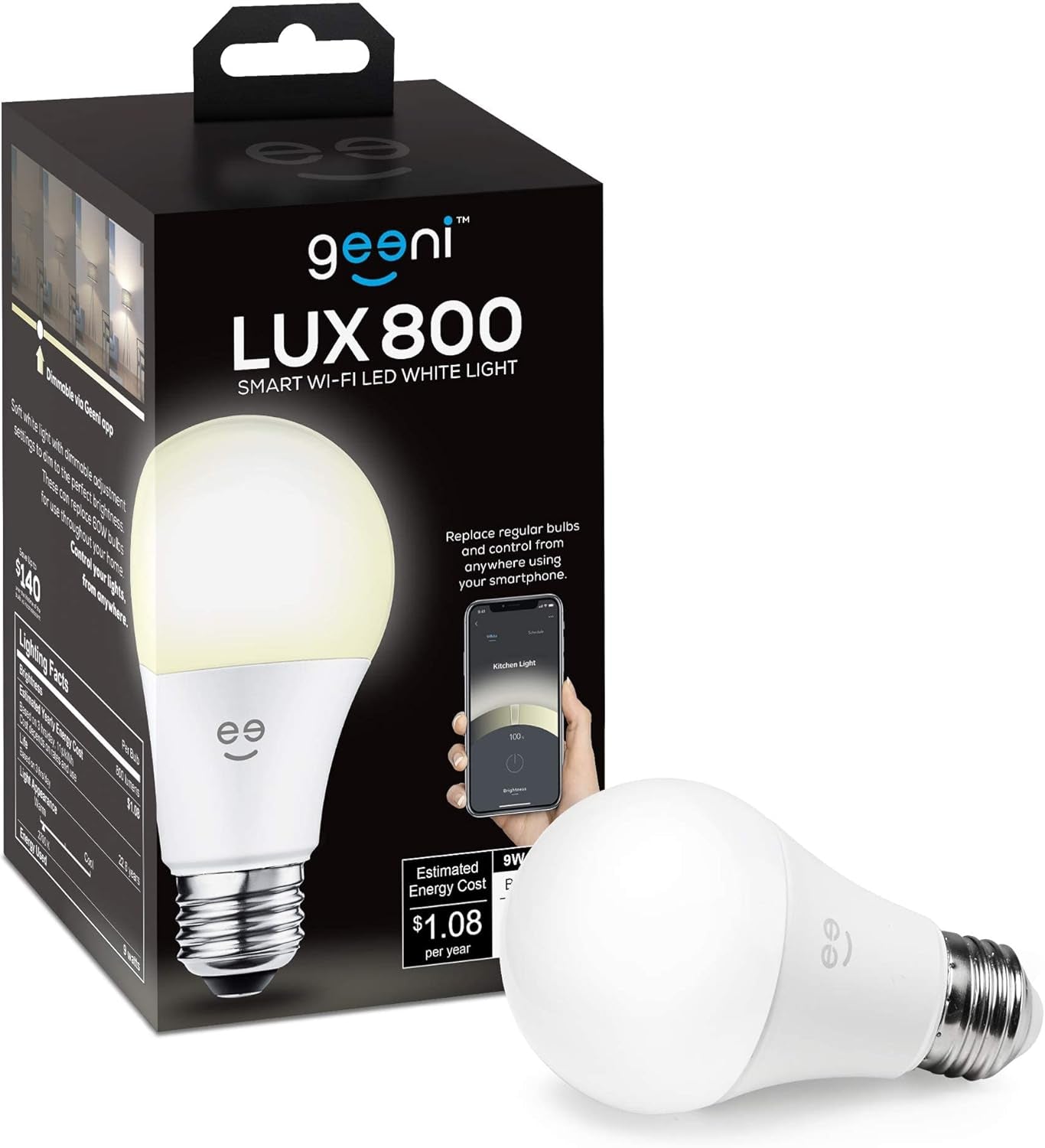 LUX 800 Smart Wi-Fi LED Dimmable White Light Bulb (2700K) – A19, 60-Watt Equivalent – No Hub Required – Works with Amazon Alexa, Google Assistant