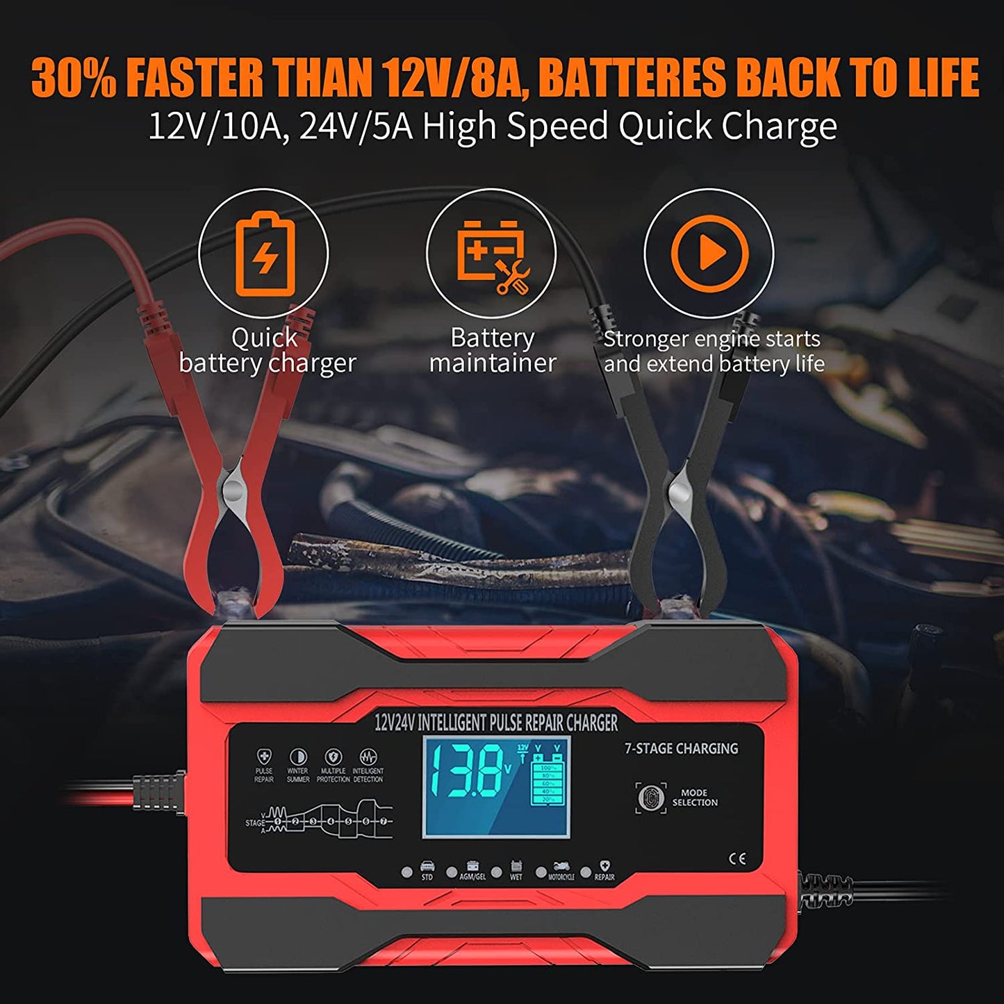 Battery Charger 10-Amp 12V and 24V Fully-Automatic Smart Car Battery Charger, Battery Maintainer Trickle Charger, and Battery Desulfator with Temperature Compensation