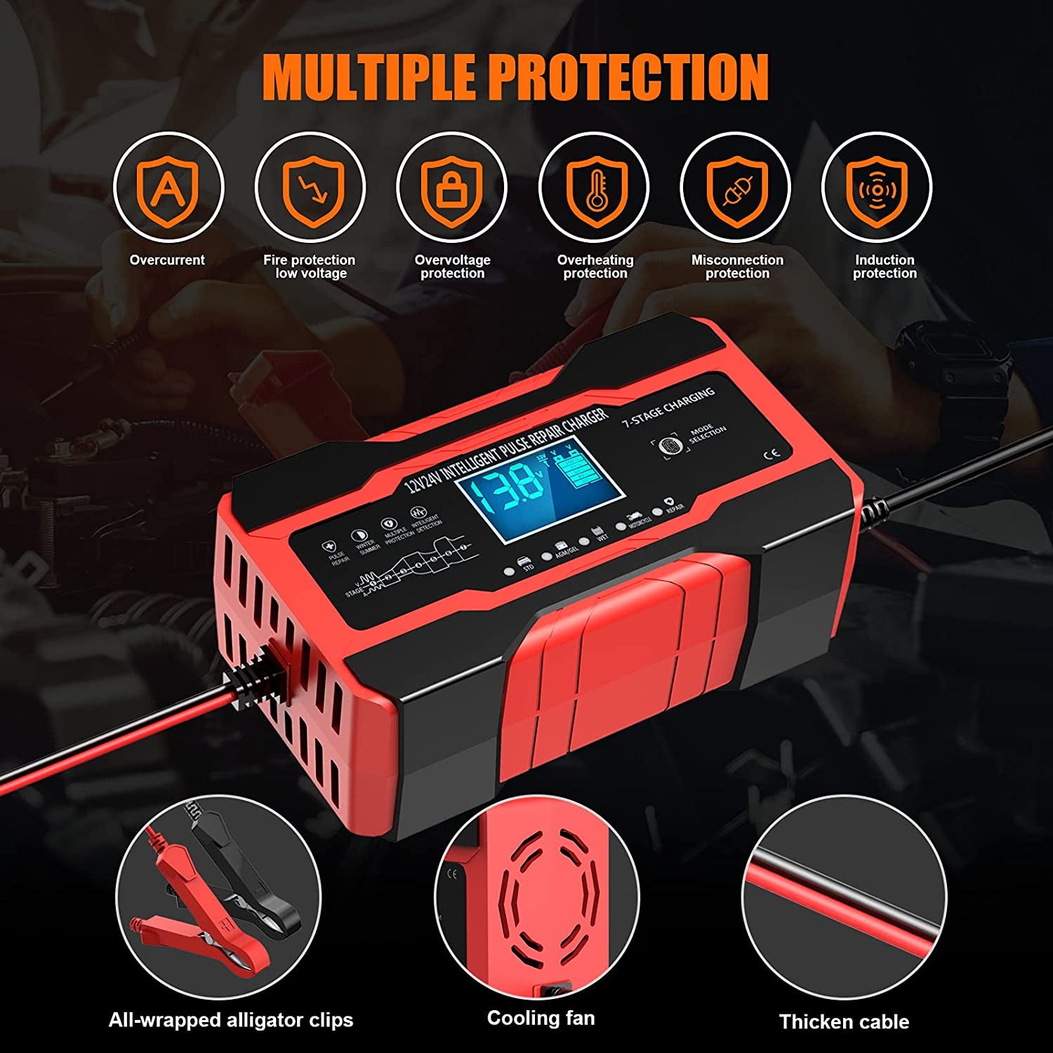 Battery Charger 10-Amp 12V and 24V Fully-Automatic Smart Car Battery Charger, Battery Maintainer Trickle Charger, and Battery Desulfator with Temperature Compensation